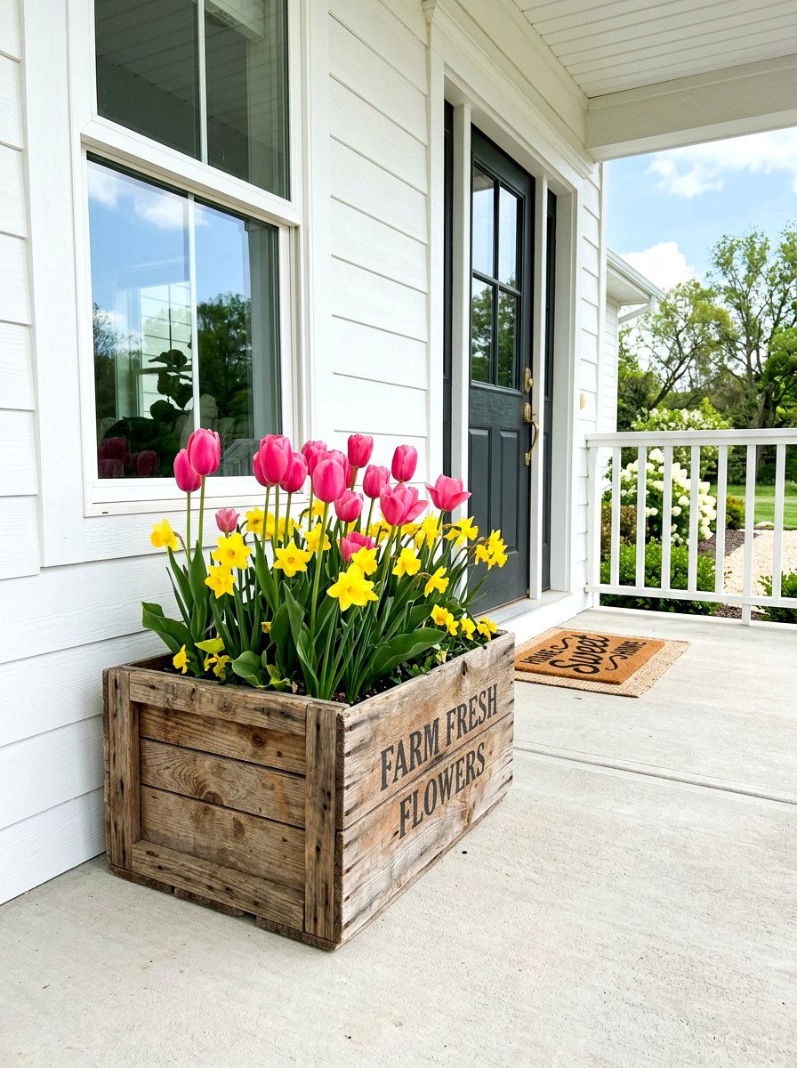 Wooden Crate Porch Planter - 25 Spring Outdoor Crate Display Ideas