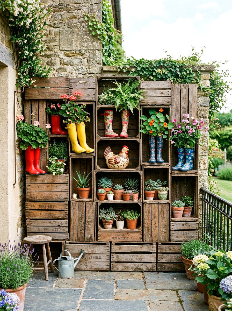 Wooden Crate Wall - 25 Spring Outdoor Shelf Decor Ideas