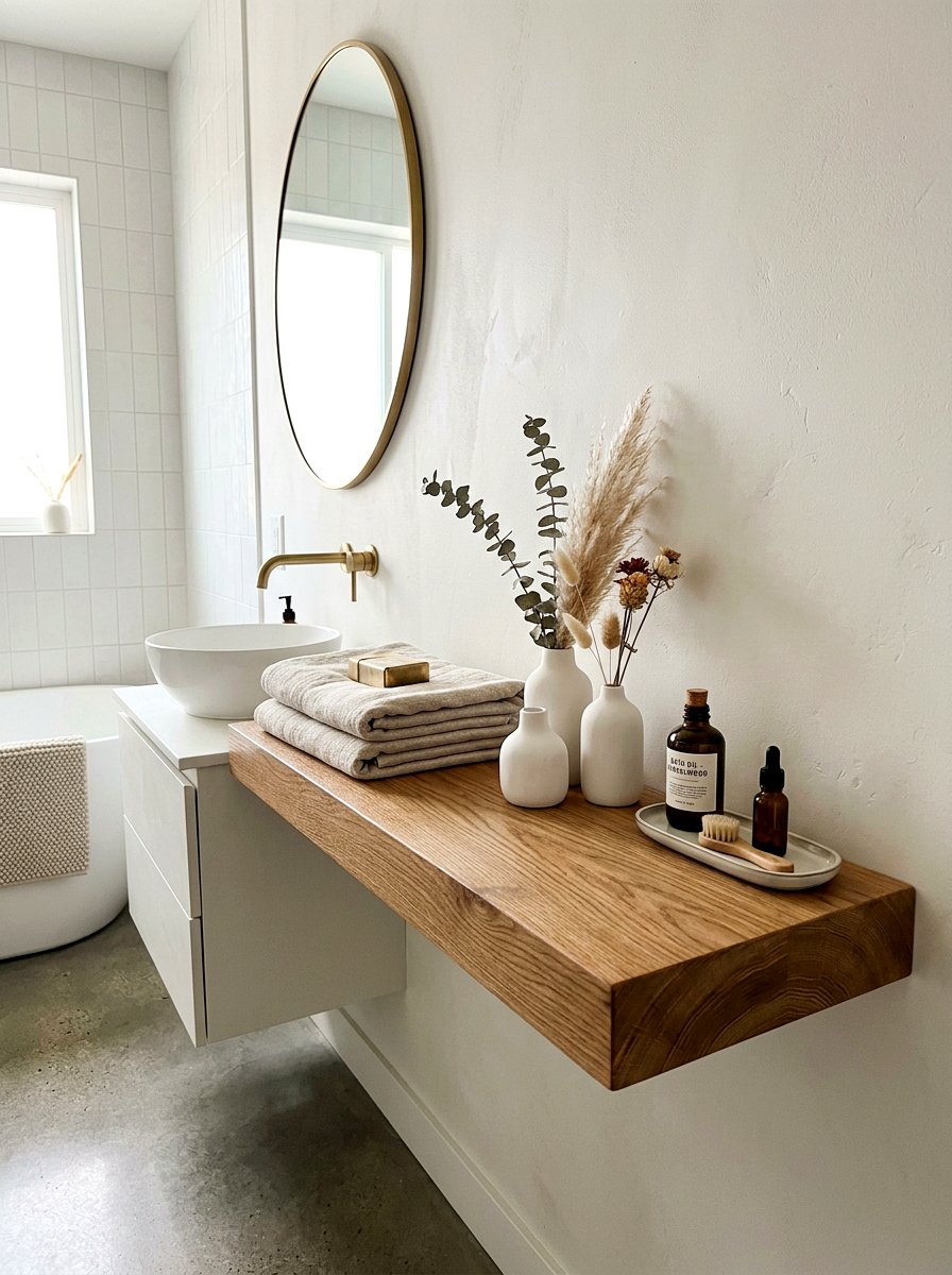 Wooden Floating Shelf - 25 Spring Bathroom Shelf Decor Ideas