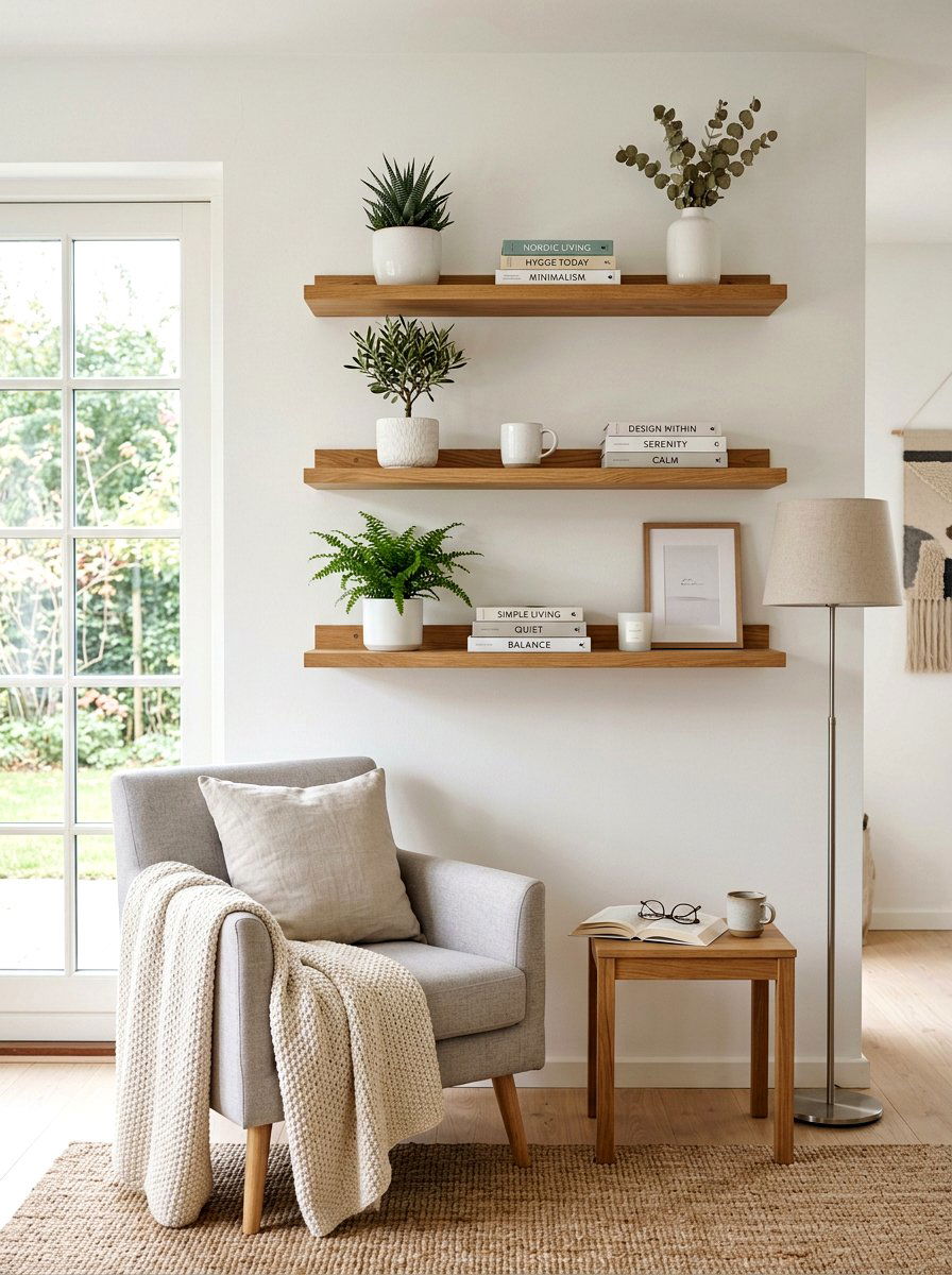 Wooden Floating Shelves - 25 Spring Living Room Wall Decor Ideas