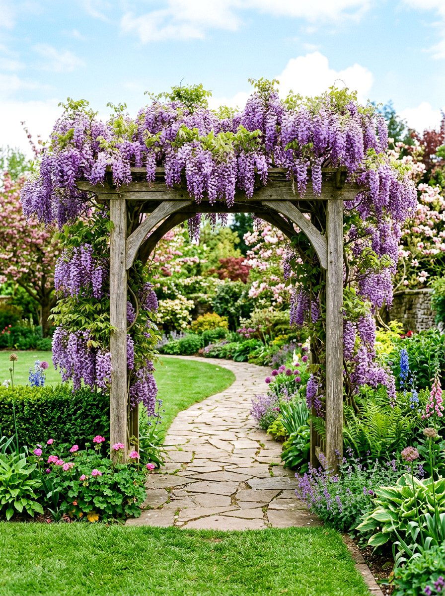 Wooden Garden Arch With Wisteria - 25 Spring Arbor Entrance Decor Ideas