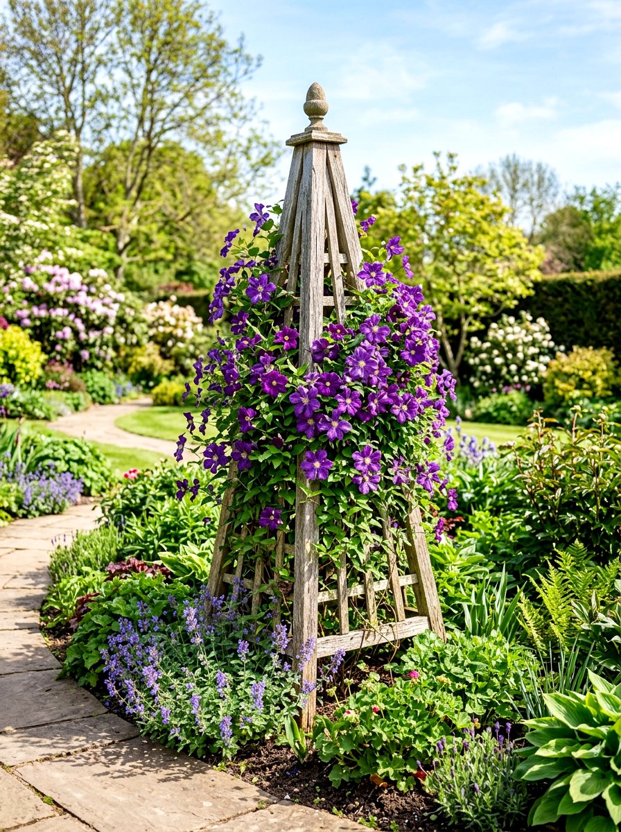 Wooden Garden Obelisk - 25 Spring Clematis Trellis Ideas