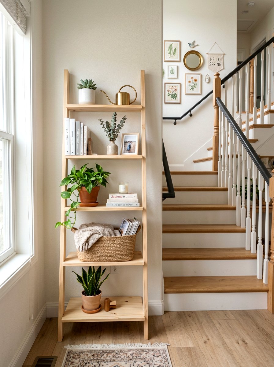 Wooden Ladder Shelf - 25 Spring Stairway Wall Decor Ideas