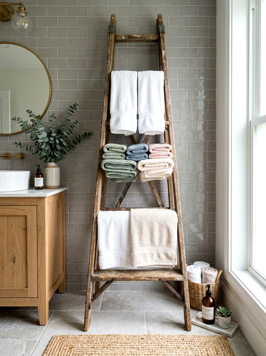 Wooden Ladder Towel Rack - 25 Spring Upcycled Decor Ideas