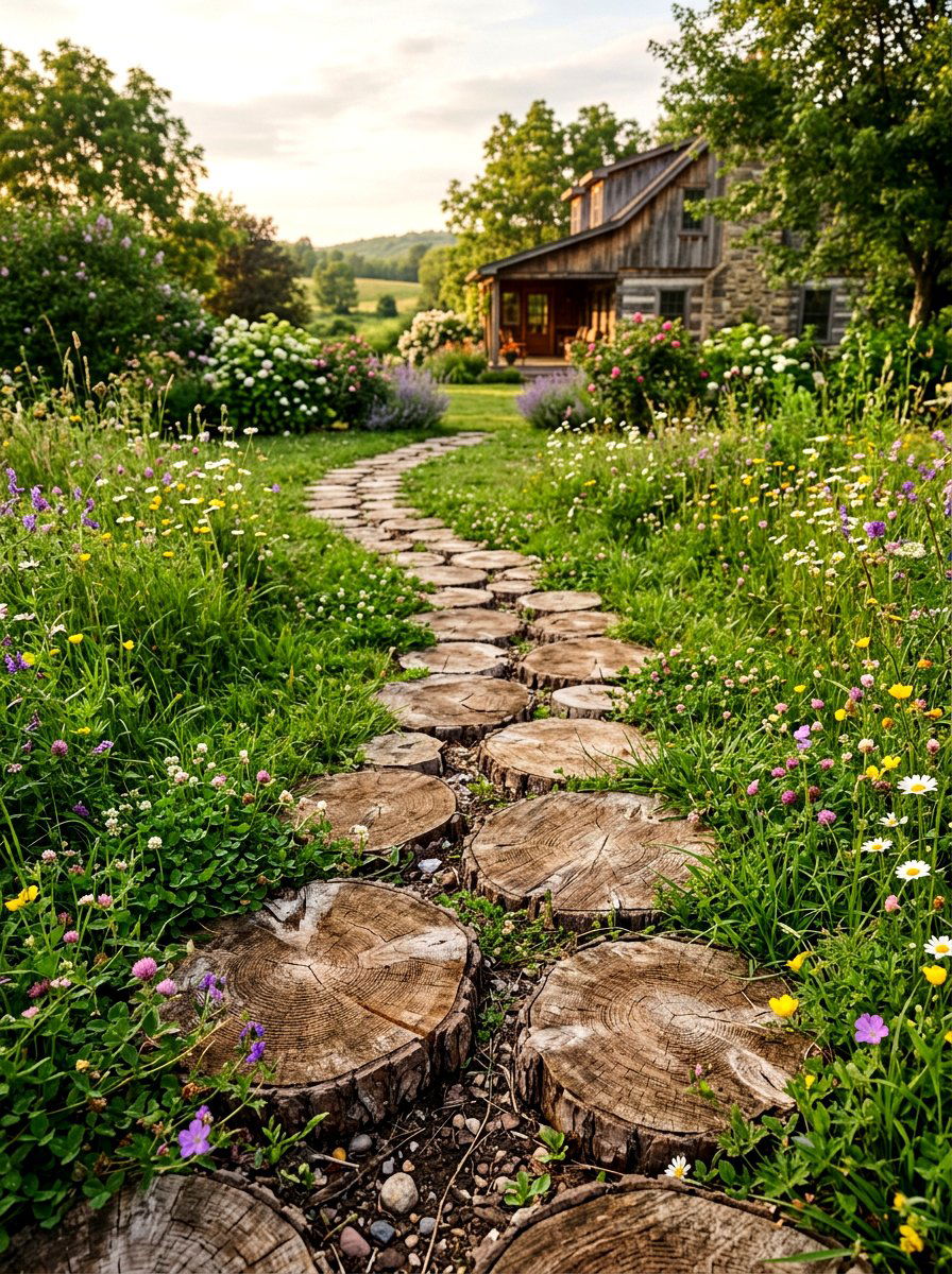 Wooden Log Slice Walkway - 25 Spring Stepping Stone Ideas