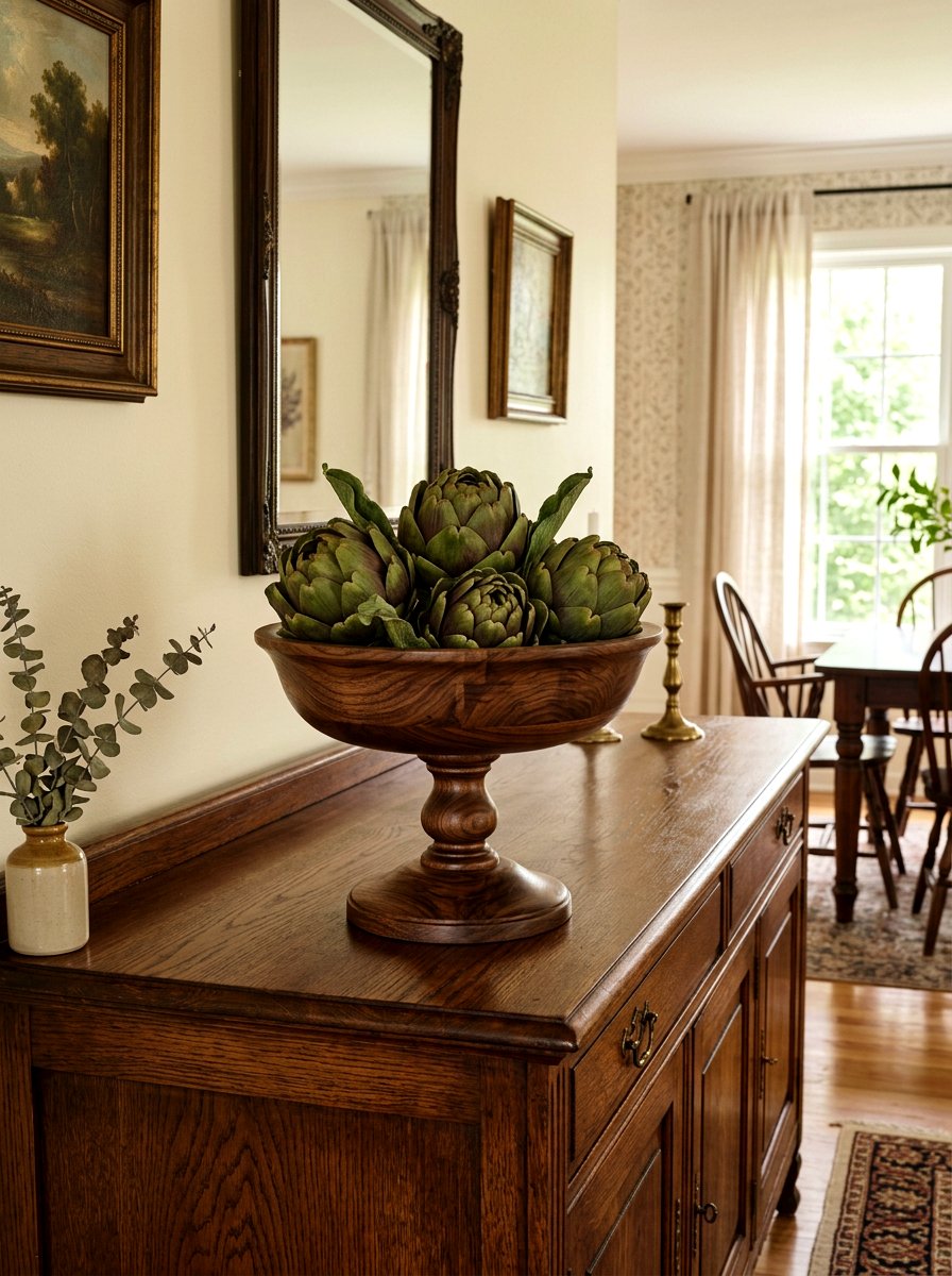 Wooden Pedestal Bowl With Faux Artichokes - 25 Spring Pedestal Bowl Ideas