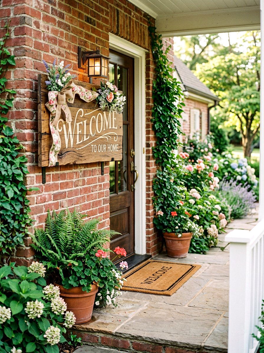 Wooden Welcome Sign For Brick - 25 Spring Brick Wall Decor Ideas