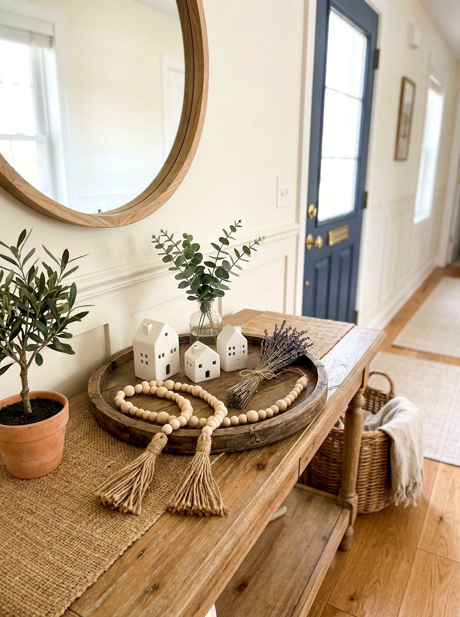 Wooden bead garland farmhouse tray - 25 Spring Farmhouse Tiered Tray Ideas
