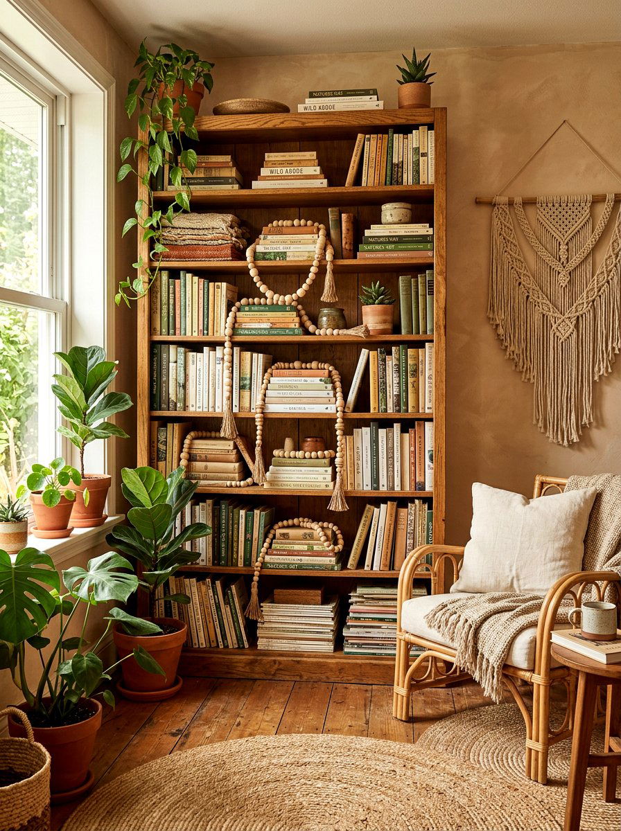 Wooden bead garlands - 25 Spring Bookshelf Decor Ideas