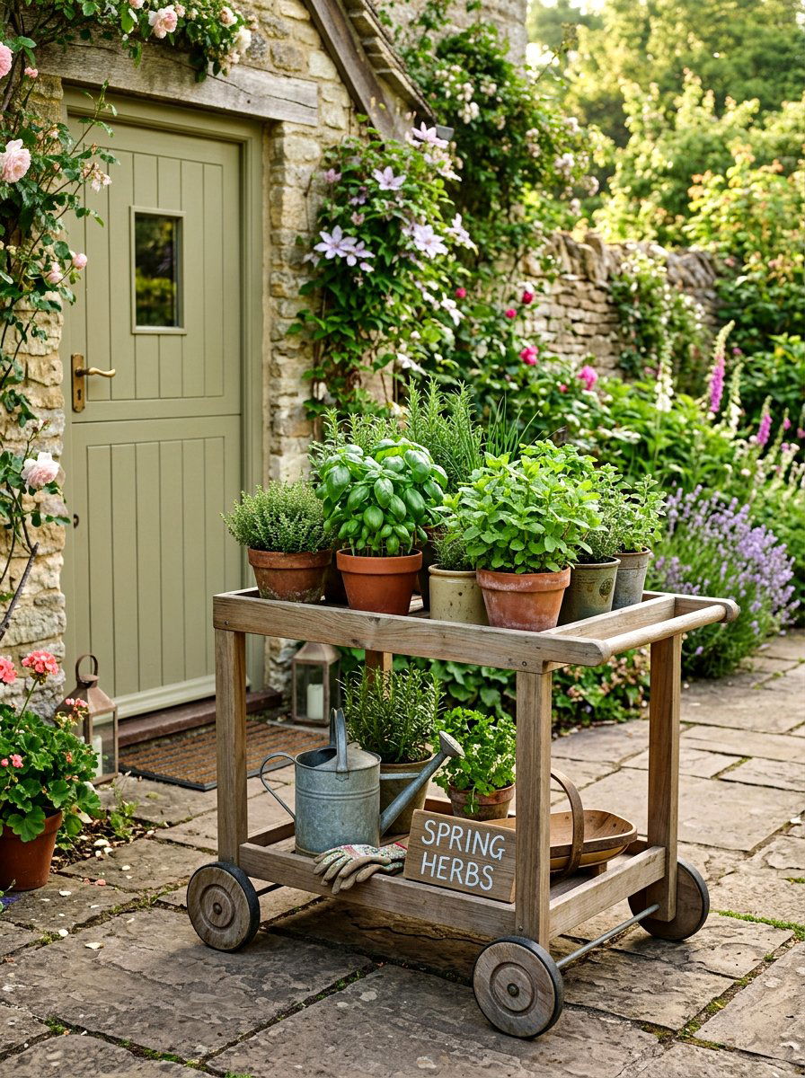 Wooden cart with spring herbs - 25 Spring Flower Cart Decor Ideas