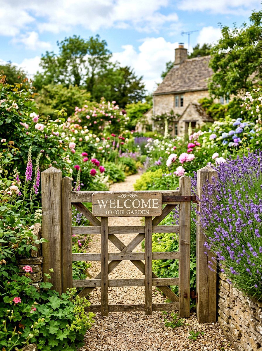 Wooden garden gate sign