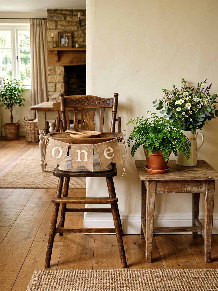 Wooden high chair setup - 25 Spring First Birthday Decor Ideas