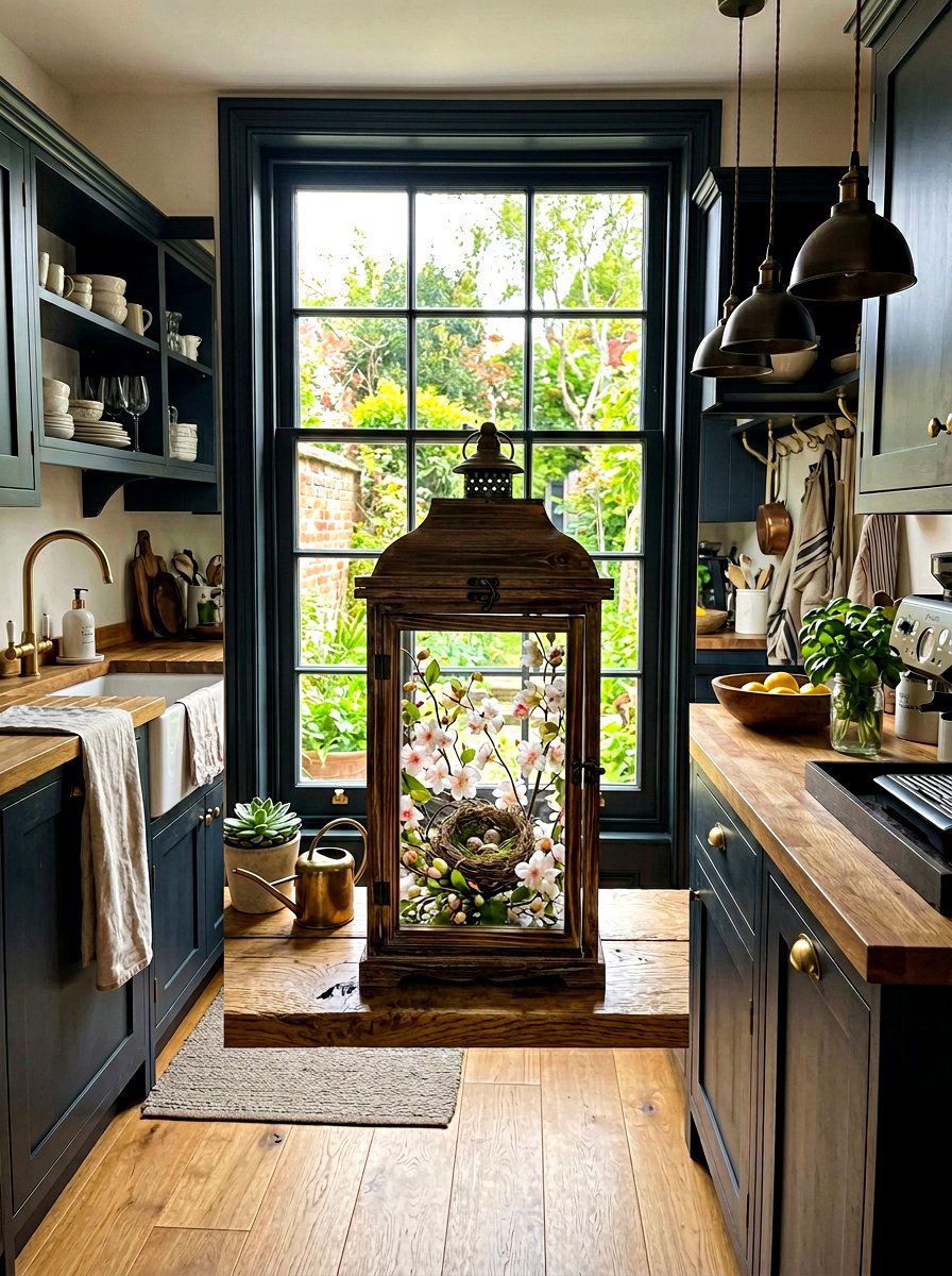 Wooden lantern window accent - 25 Spring Kitchen Window Decor Ideas