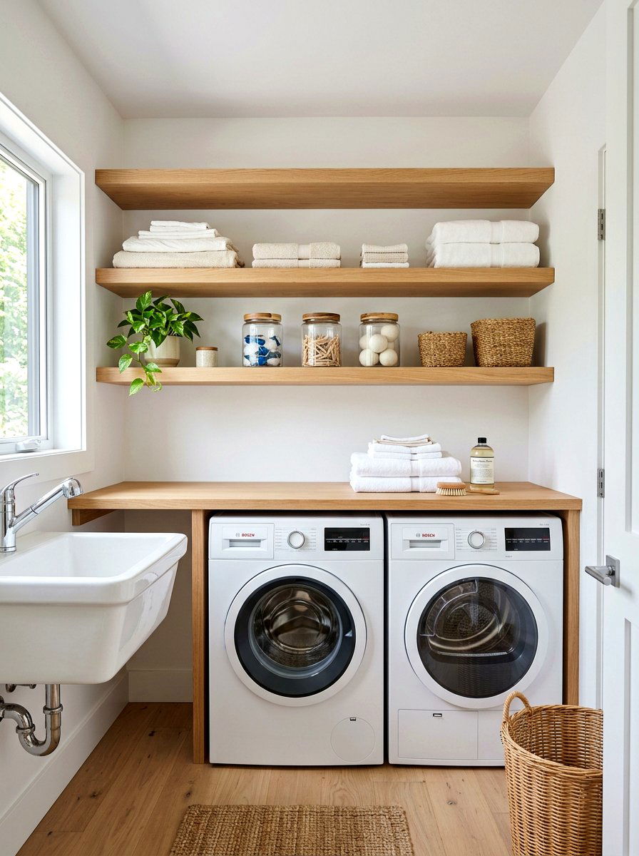 Wooden shelving - 25 Spring Laundry Room Decor Ideas