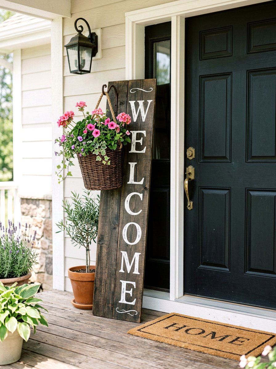 Wooden welcome sign - 25 Spring Front Yard Decor Ideas
