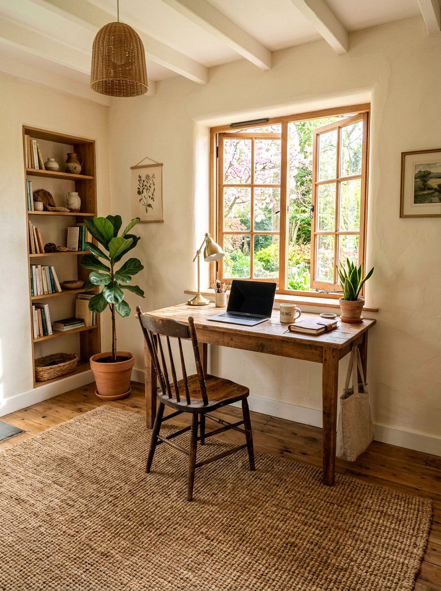 Workspace Featuring Woven Grass Rugs - 25 Spring Wabi Sabi Decor Ideas