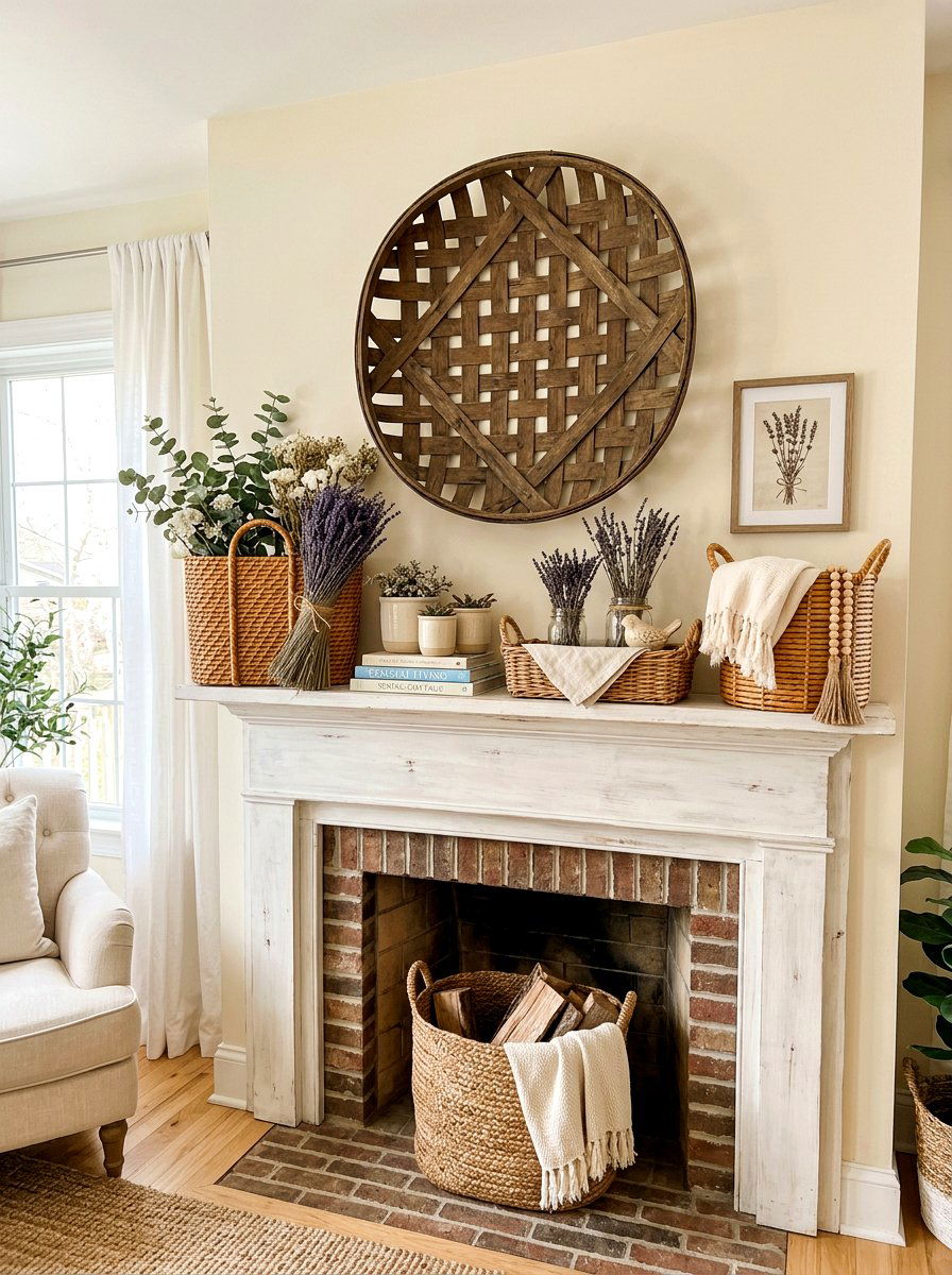 Woven Basket Accent - 25 Spring Cottage Mantel Ideas