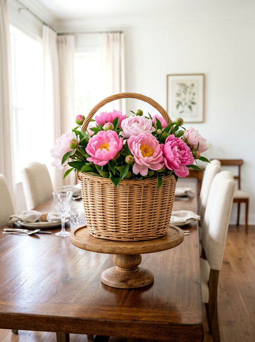 Woven Basket And Peonies - 25 Spring Cake Stand Decor Ideas