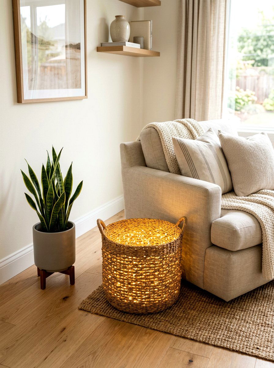 Woven Basket Floor Light - 25 Spring Fairy Light Ideas