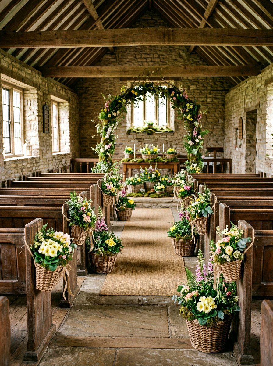 Woven Basket Floral Displays - 25 Spring Wedding Pew Decor Ideas