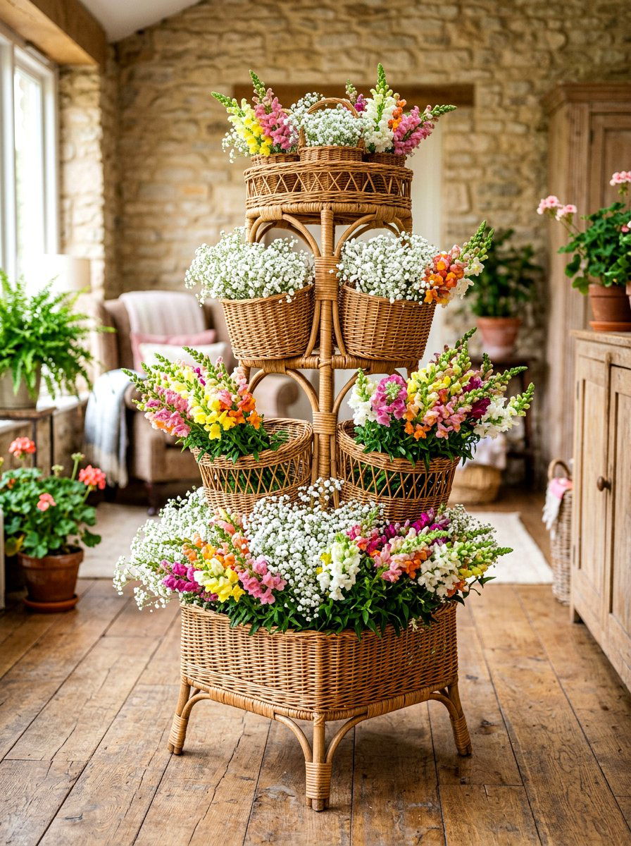 Woven Basket Flower Stand - 25 Spring Flower Market Ideas