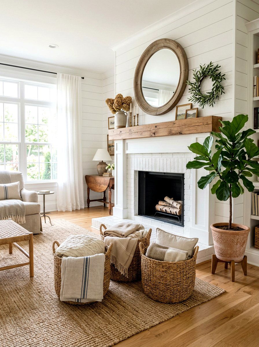 Woven Basket Hearth - 25 Spring Fireplace Decor Ideas