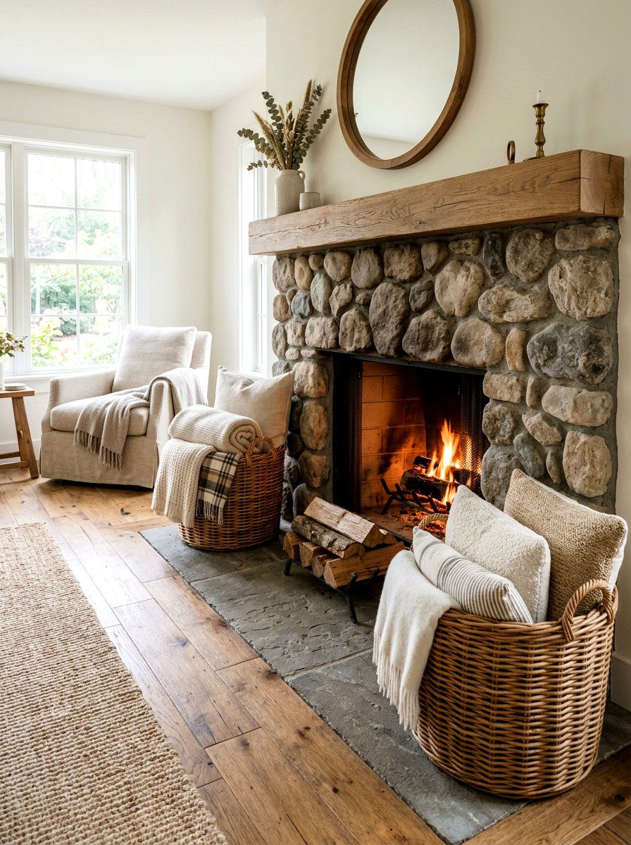 Woven Basket Hearth - 25 Spring Farmhouse Fireplace Ideas