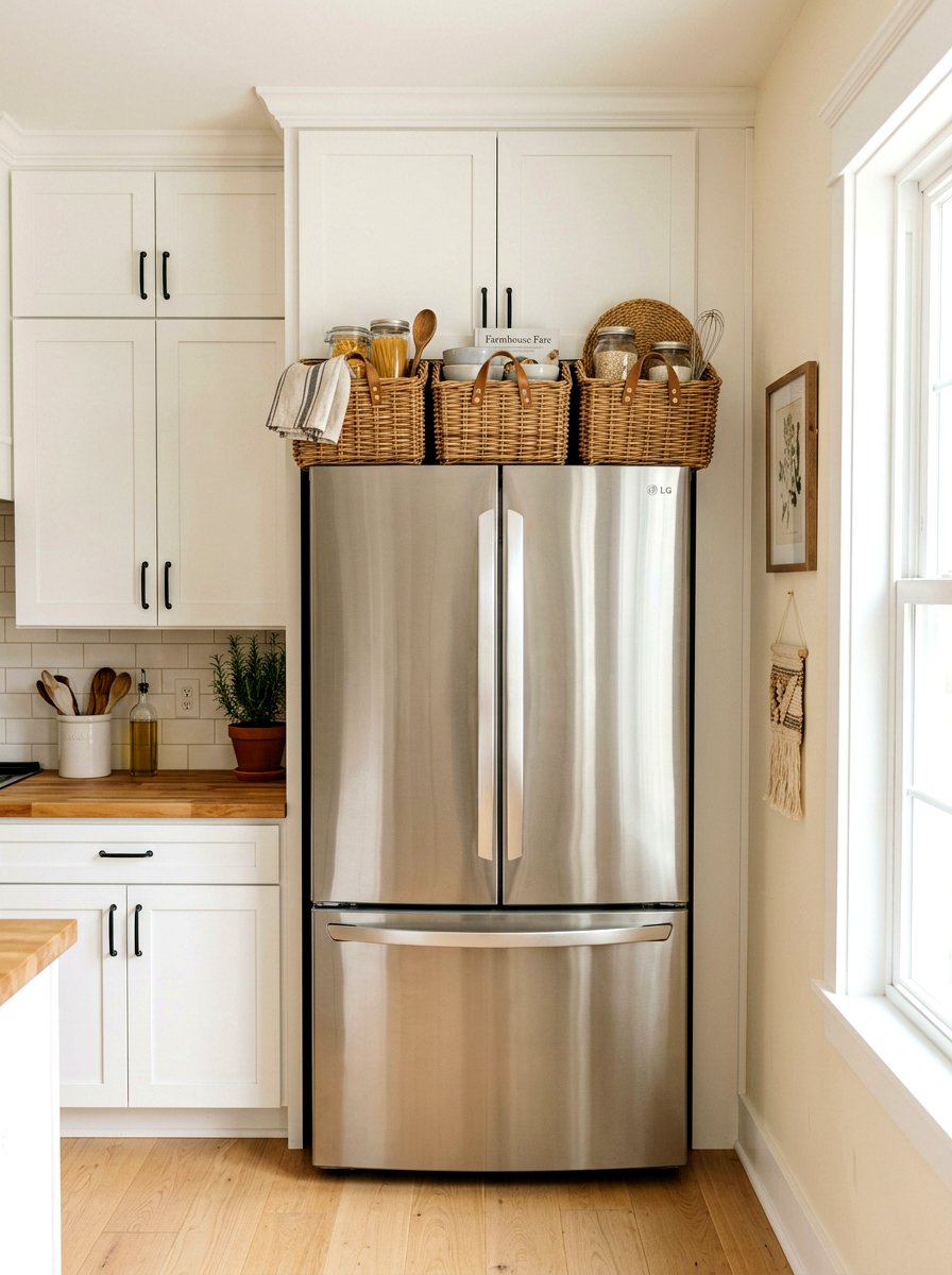 Woven Basket Kitchen Storage - 25 Spring Refrigerator Top Decor Ideas