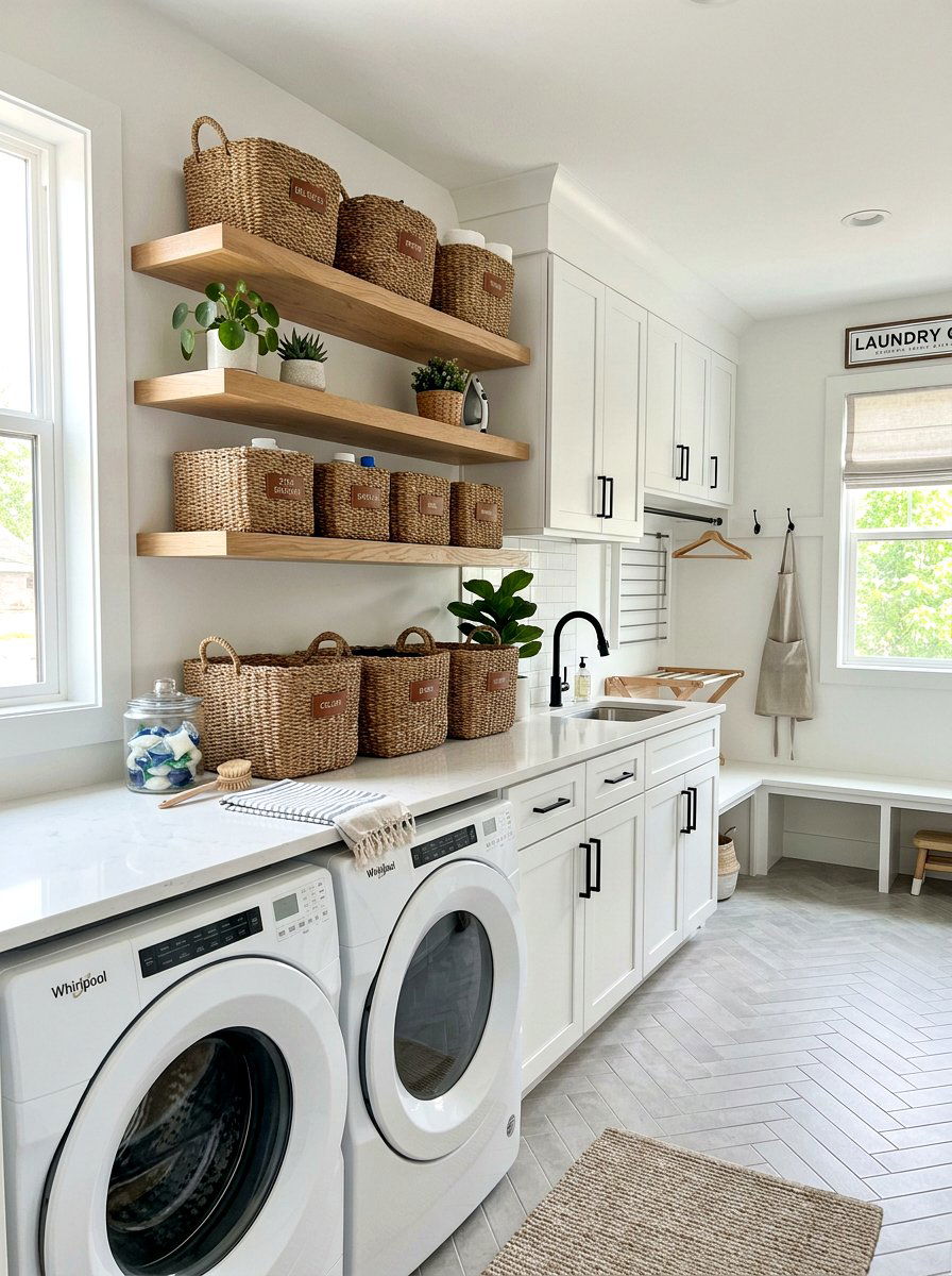 Woven Basket Shelf Storage - 25 Spring Floating Shelf Decor Ideas