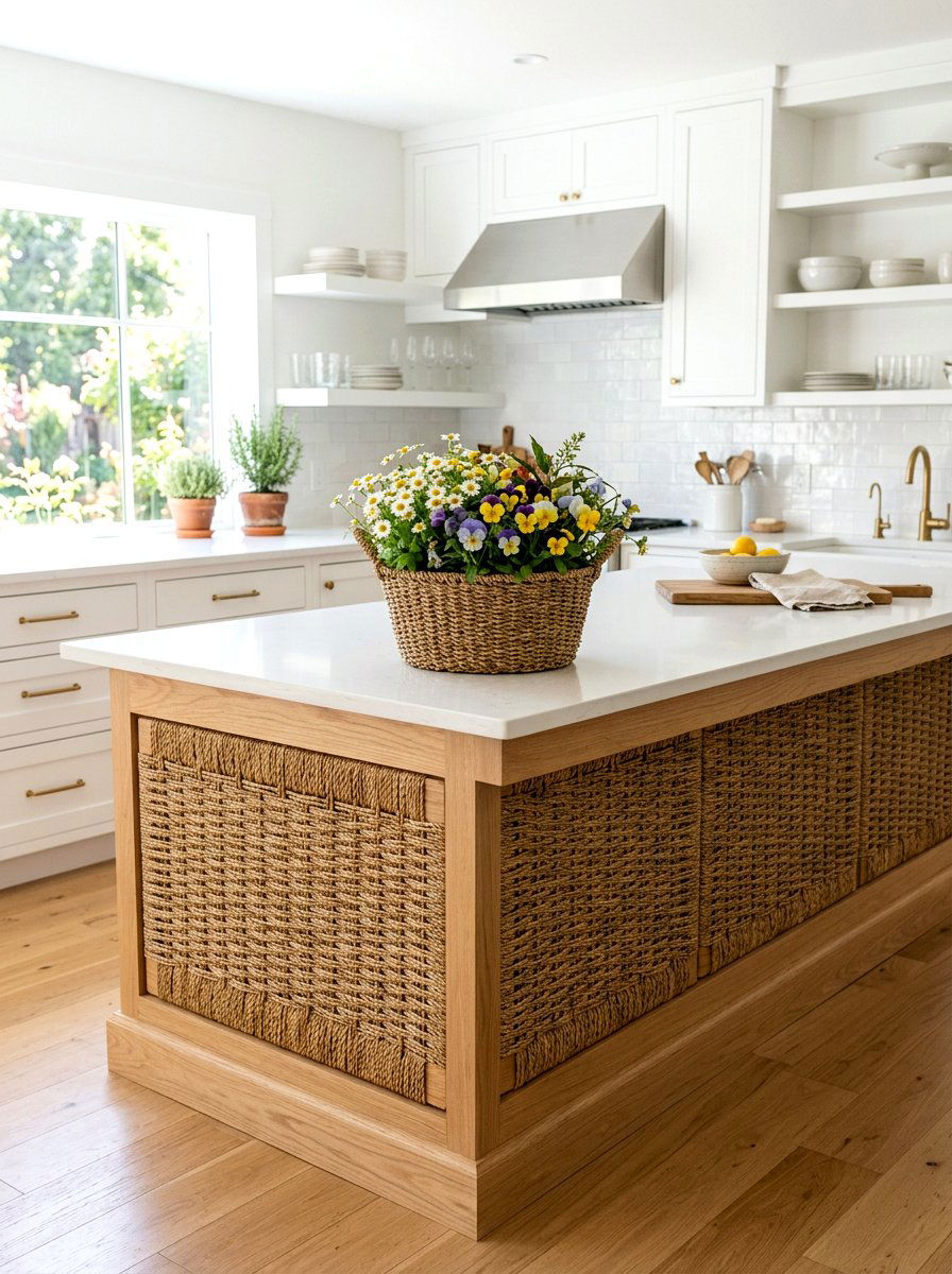 Woven Basket Spring Floral Look - 25 Spring Kitchen Island Decor Ideas