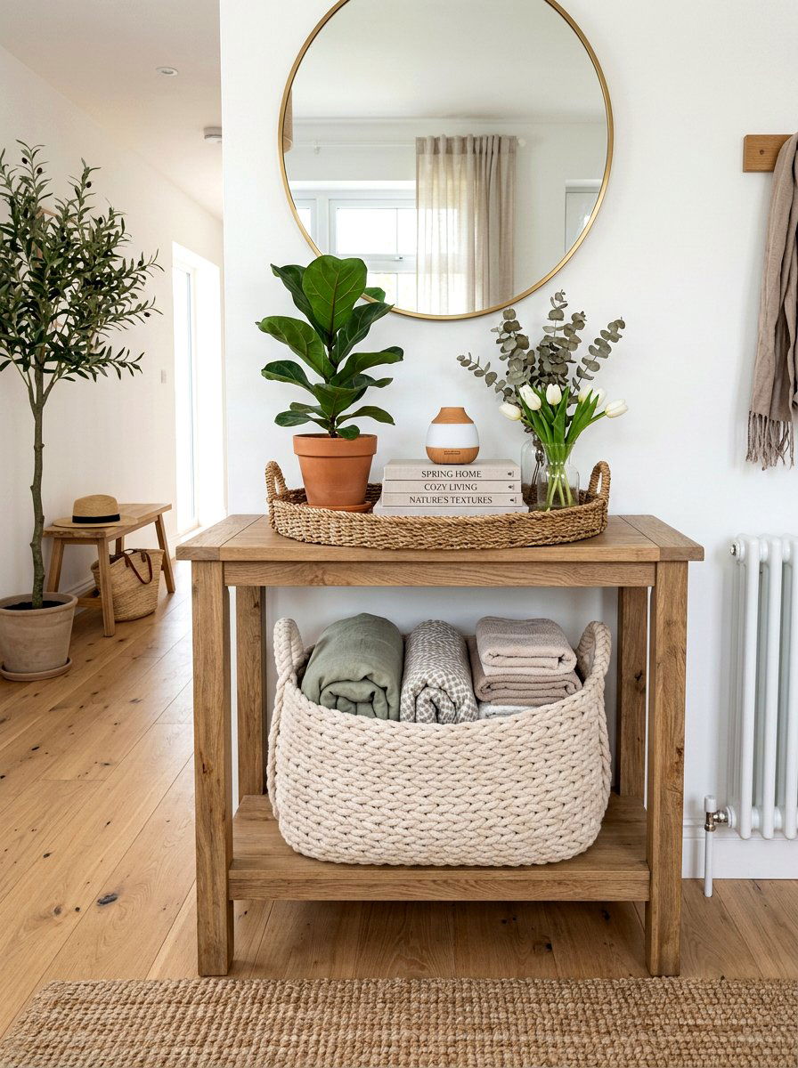 Woven Basket Spring Storage - 25 Spring Sofa Table Decor Ideas