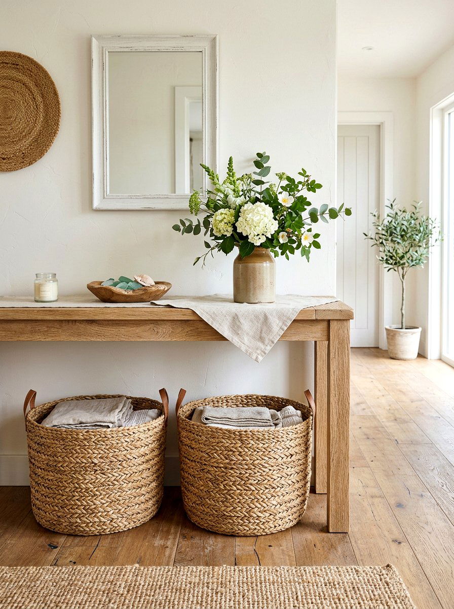 Woven Basket Storage - 25 Spring Console Table Decor Ideas