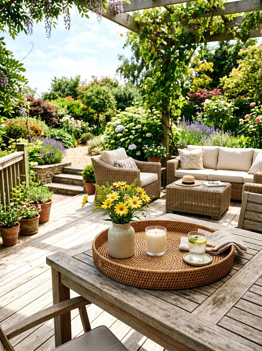 Woven Basket Tray - 25 Spring Patio Table Centerpiece Ideas