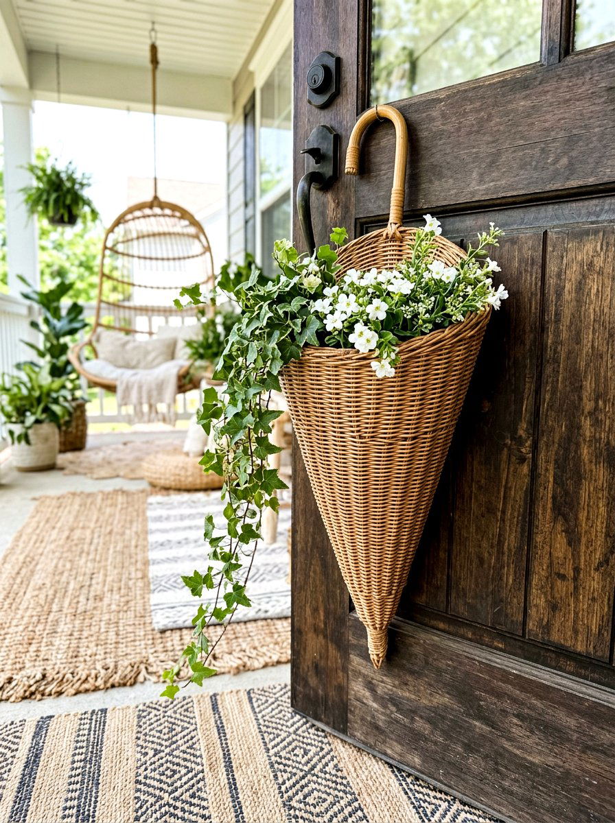 Woven Basket Umbrella - 25 Spring Umbrella Door Decor Ideas