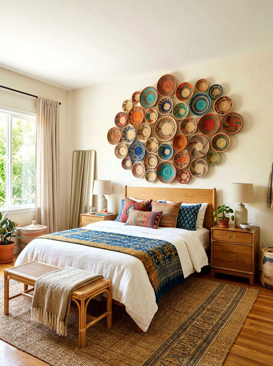 Woven Basket Wall - 25 Spring Headboard Decor Ideas