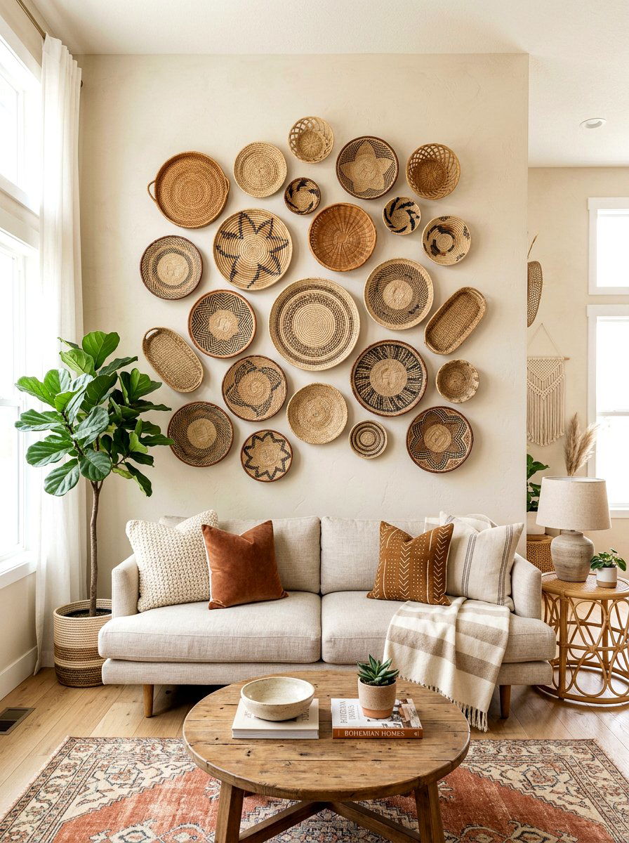 Woven Basket Wall - 25 Spring Living Room Wall Decor Ideas