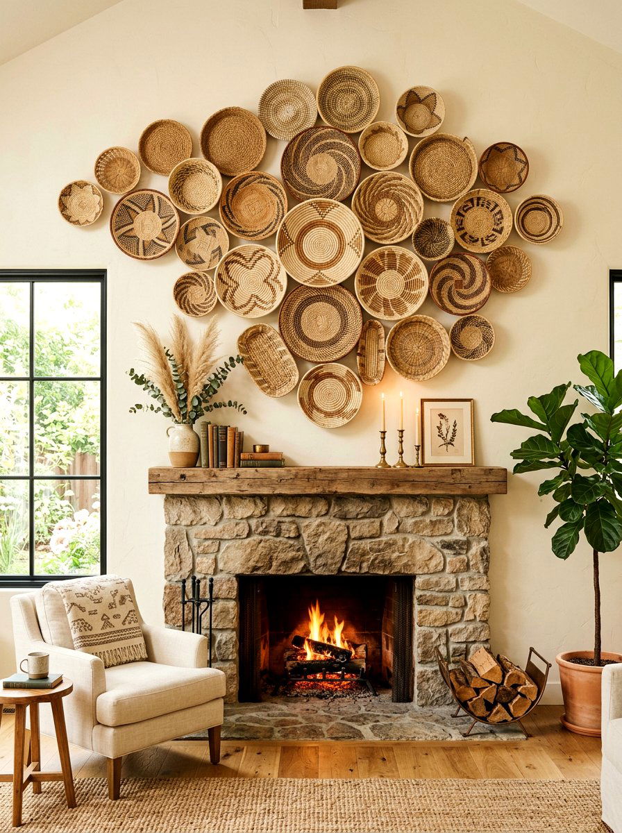 Woven Basket Wall - 25 Spring Mantel Decor Ideas