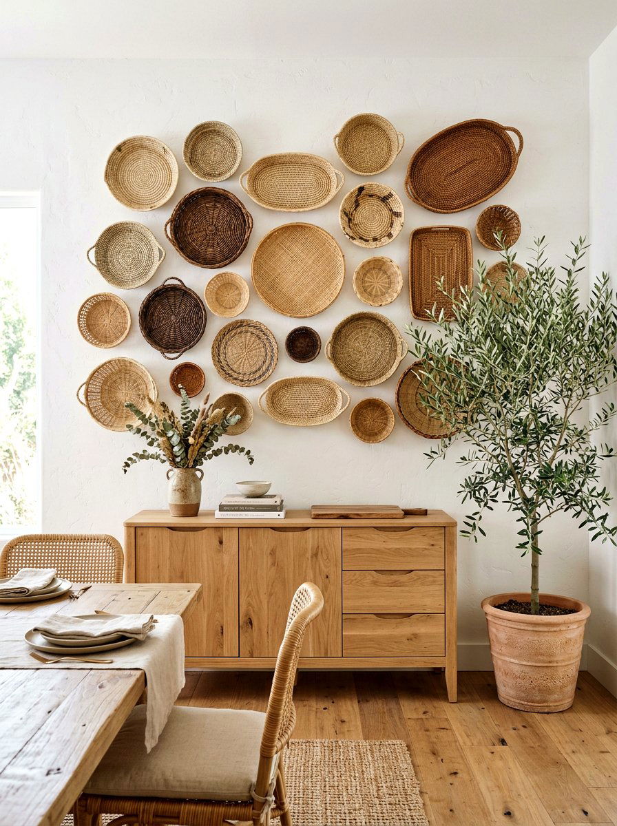 Woven Basket Wall - 25 Spring Neutral Decor Ideas