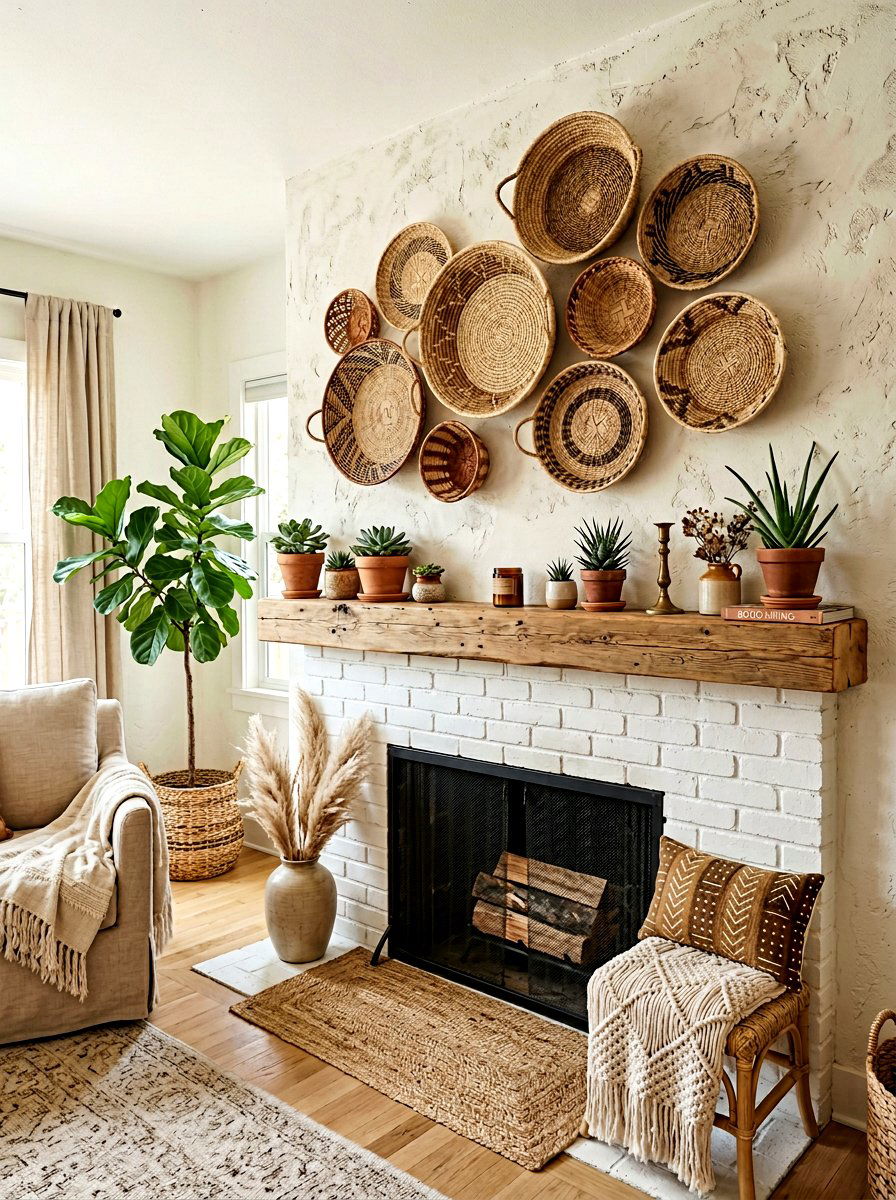 Woven Basket Wall Decor - 25 Spring Living Room Mantel Ideas