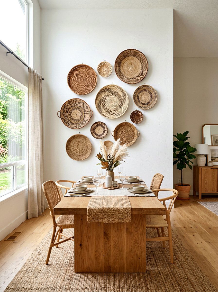 Woven Basket Wall Gallery - 25 Spring Upcycled Decor Ideas