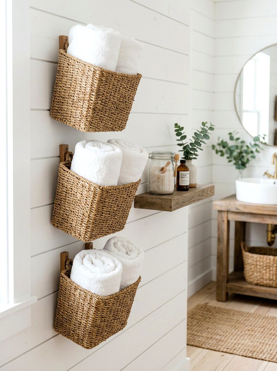 Woven Basket Wall Storage - 25 Spring Towel Rack Decor Ideas