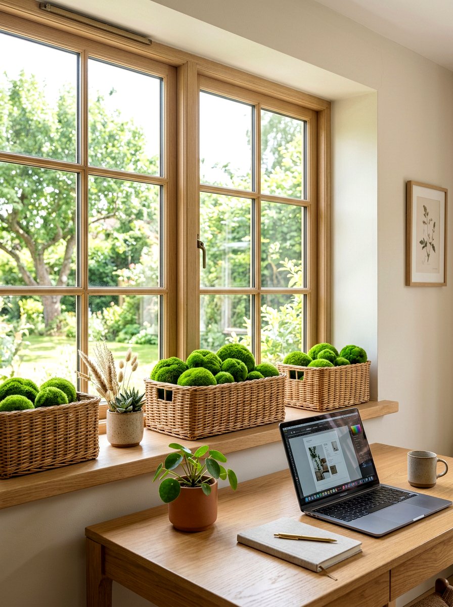 Woven Basket With Moss - 25 Spring Window Ledge Decor Ideas