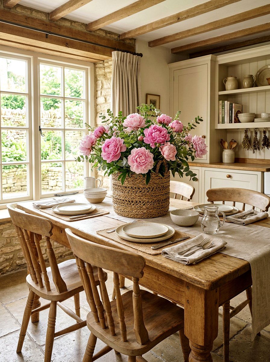 Woven Basket With Peonies - 25 Spring Kitchen Centerpiece Ideas