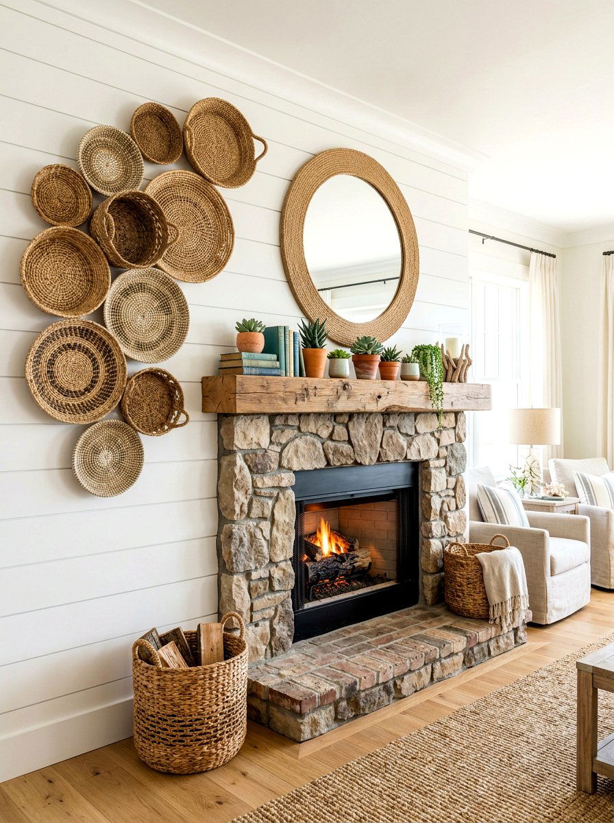 Woven Baskets Above Fireplace - 25 Spring Mantel Vignette Ideas