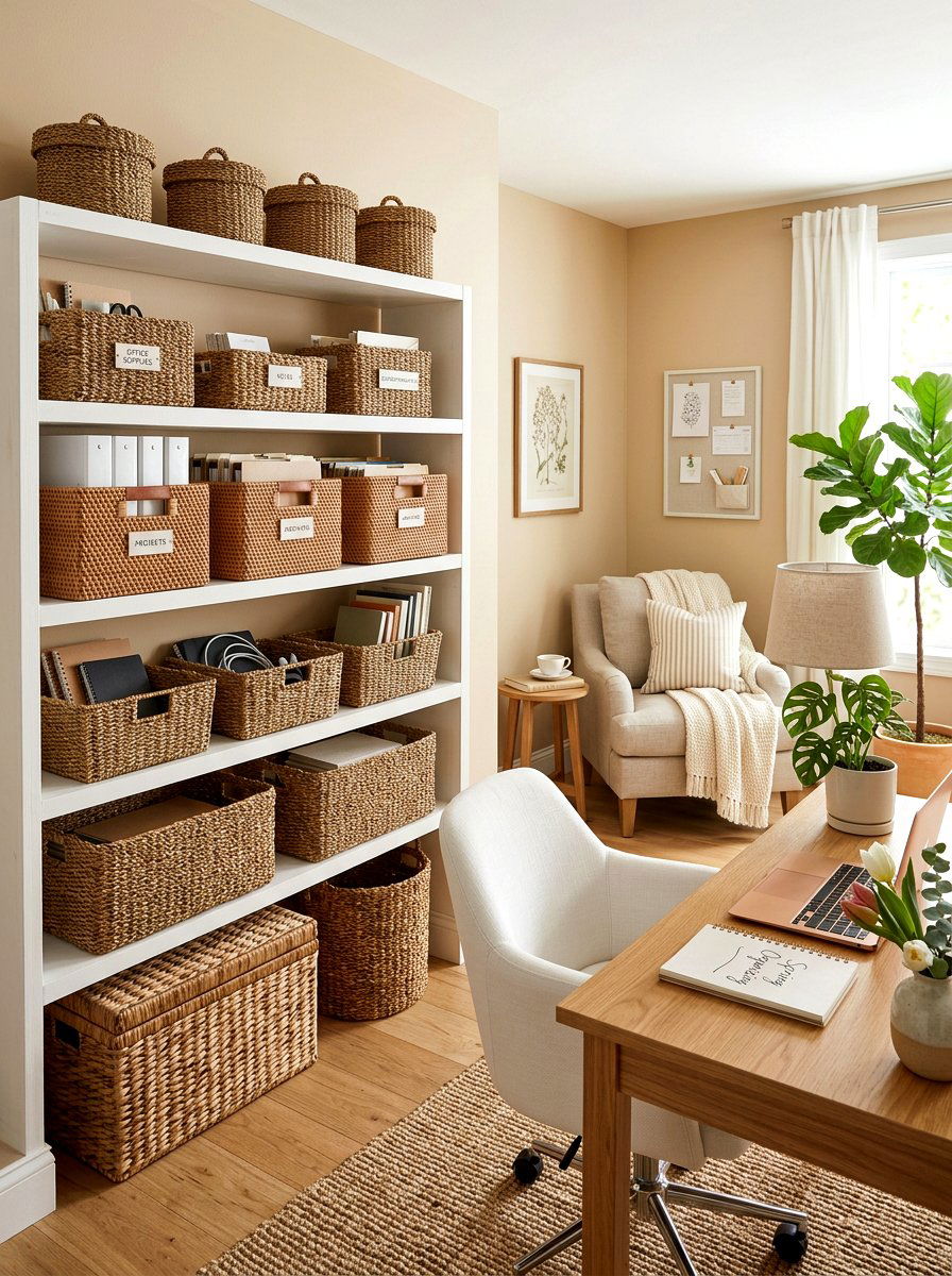Woven Baskets For Storage - 25 Spring Home Office Decor Ideas