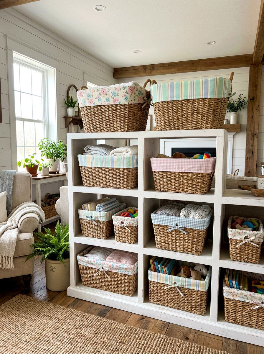 Woven Baskets With Pastel Liners - 25 Spring Playroom Decor Ideas