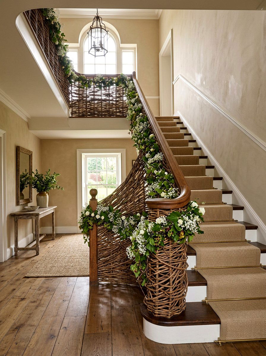 Woven Grapevine Base - 25 Spring Stair Railing Decor Ideas
