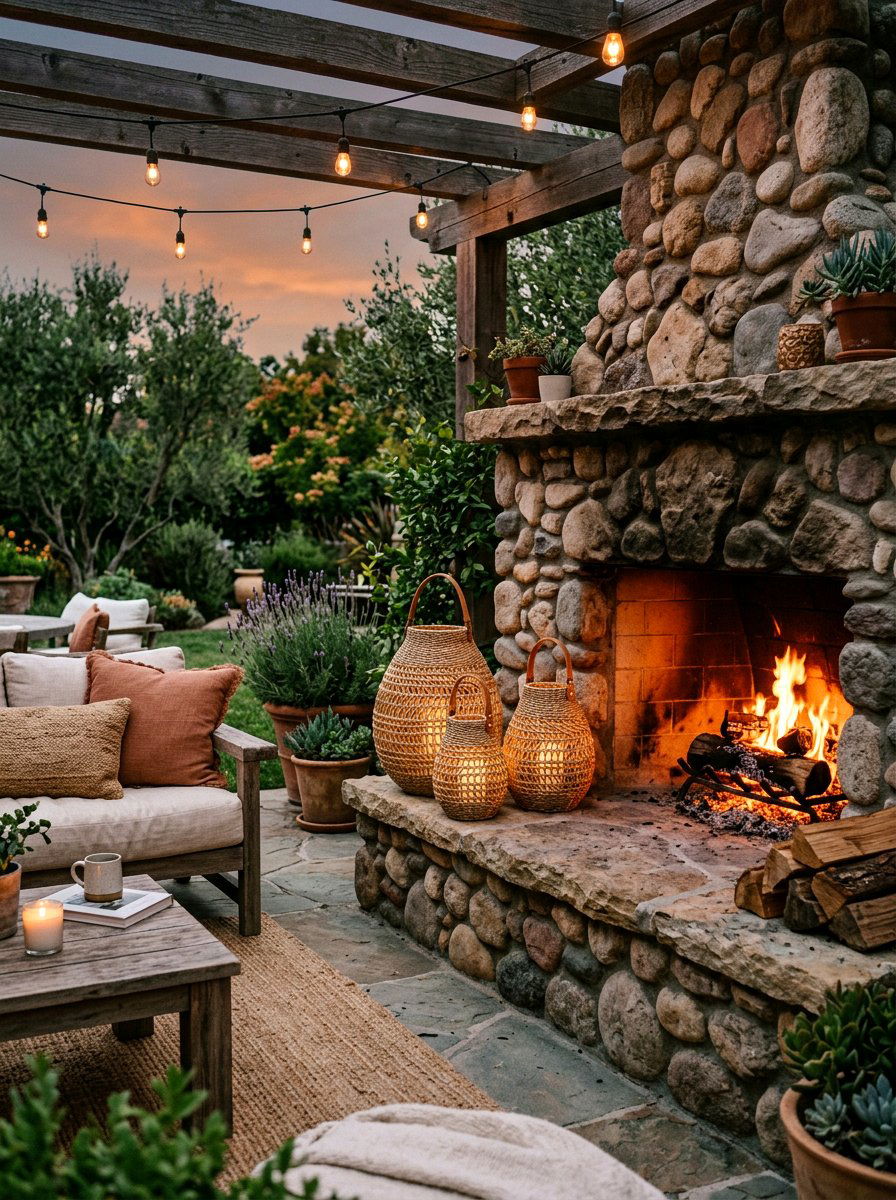 Woven Lantern Fireplace Hearth - 25 Spring Outdoor Fireplace Decor Ideas