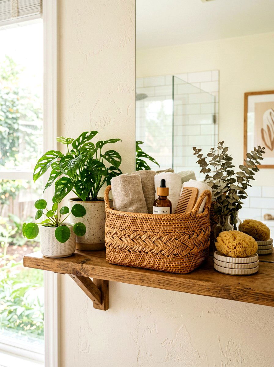 Woven Rattan Basket - 25 Spring Bathroom Shelf Decor Ideas