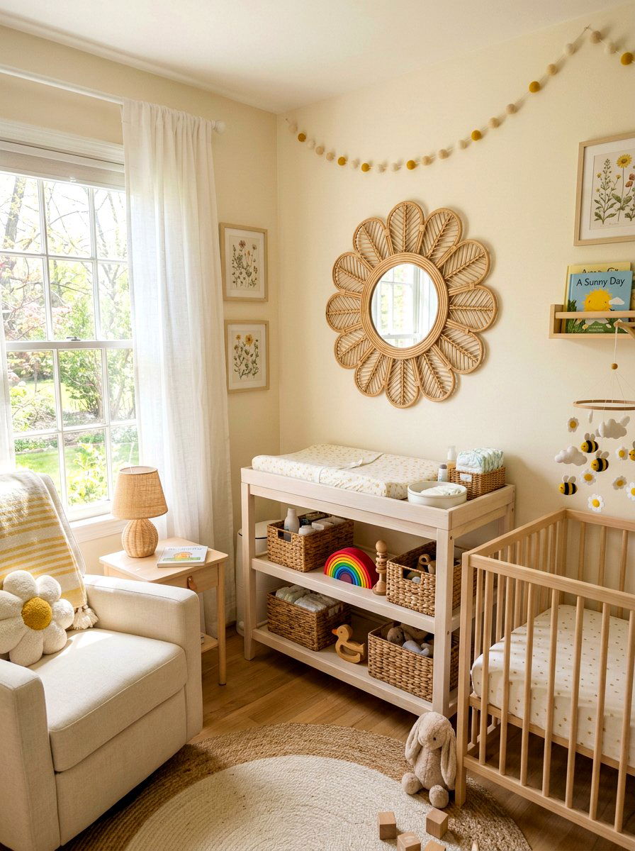 Woven Rattan Daisy Mirror - 25 Spring Nursery Wall Decor Ideas